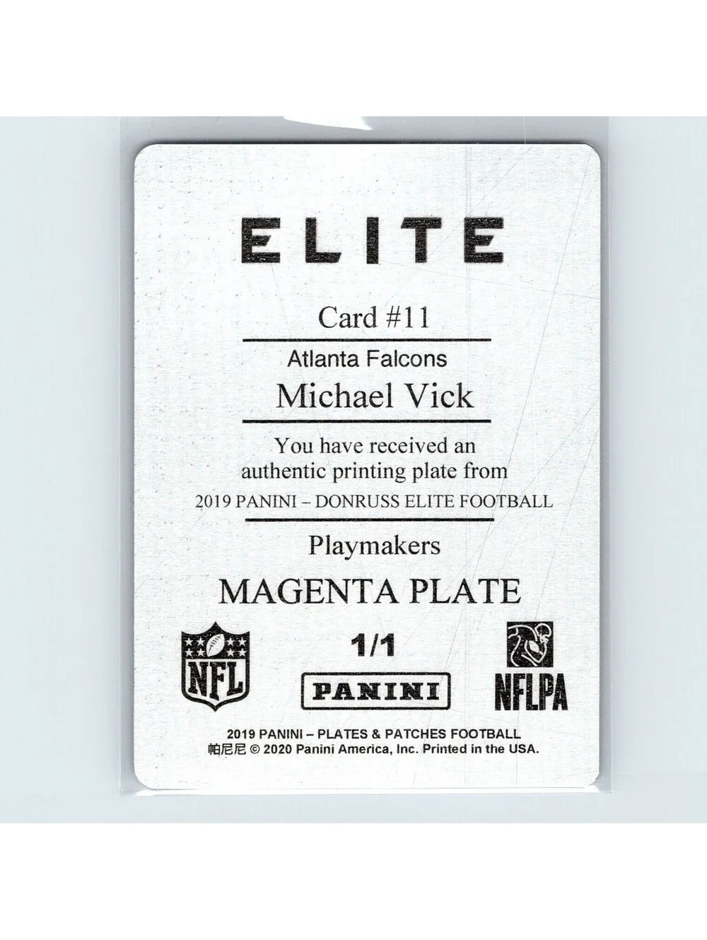 2019 Panini Plates & Patches Michael Vick Donruss Playmakers Printing Plate 1/1